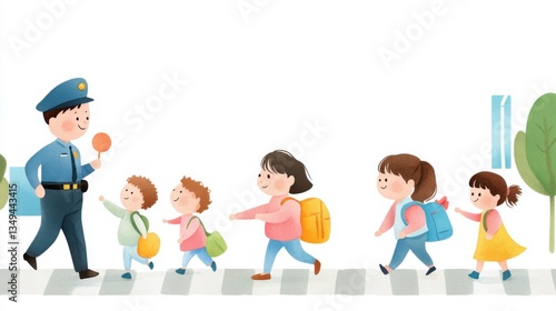 Compliance Pedestrians Awareness. Children Crossing Street with Police Officer Illustration