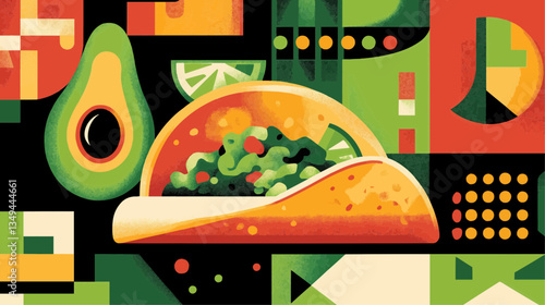 Flat design vector illustration of a taco with guacamole, avocado, lime, and chili, clean modern aesthetic, geometric shapes, bold colors, minimalist Mexican food concept