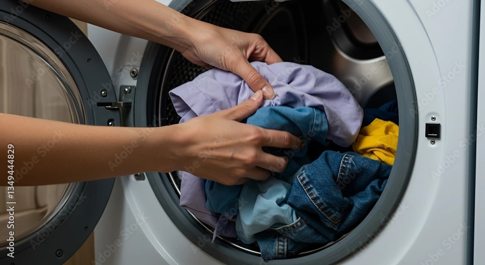 Close up, hand loading the washing machine Close up, hand loading the washing machine