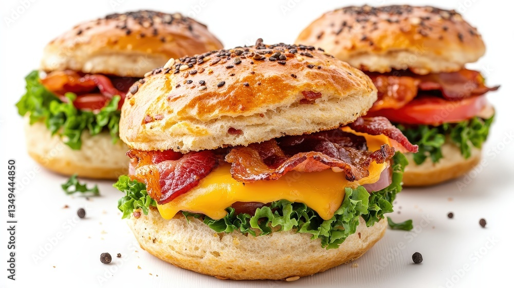 Delicious burgers stacked with bacon, cheese, lettuce, and tomatoes, served on a soft bun, showcasing mouthwatering layers of flavor. Delicious burgers stacked with bacon, cheese, lettuce, and tomatoes, served on a soft bun, showcasing mouthwatering layers of flavor.