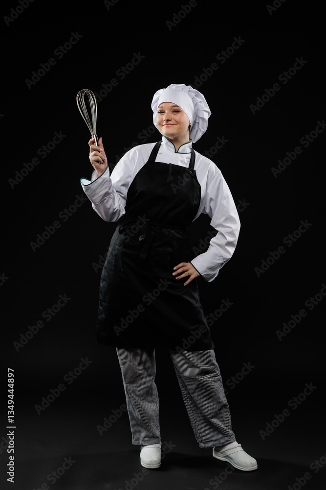 Naklejka premium Professional Chef Holding Whisk in Black Apron