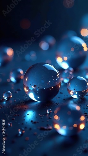 3D crystal spheres floating in dark with sharp reflections, vivid highlights,  floating,  spheres