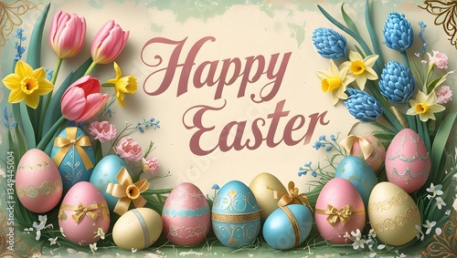 Festive Easter Composition of Eggs with Ribbon and Flowers