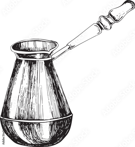 Vector hand drawn illustration of a metal Turk with a wooden handle for making coffee. Can be used on fabrics and paper products and other.