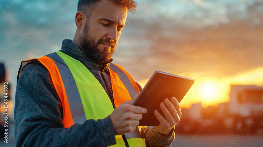custom made wallpaper toronto digitalprofessional wearing reflective vest is using tablet outdoors during sunset, showcasing focus and determination