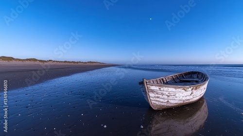 Weathered boat rests on tranquil beach at dawn, reflecting in calm water under clear sky