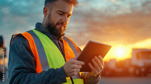 Wallpaper Mural professional wearing reflective vest is using tablet outdoors during sunset, showcasing focus and determination Torontodigital.ca