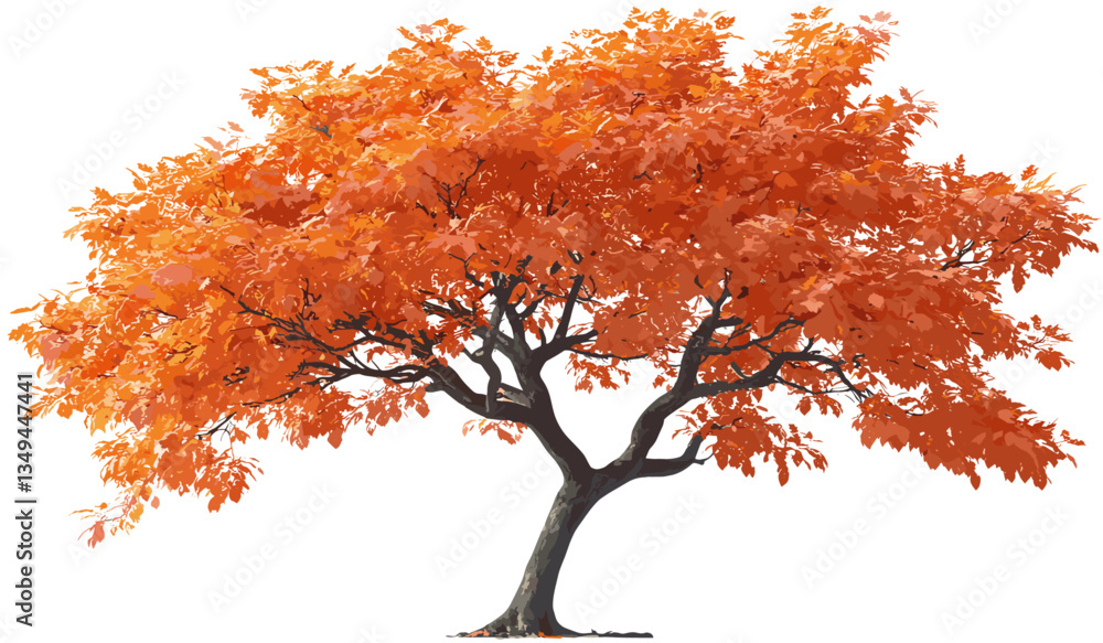Fototapeta premium Vector autumn tree cutout orange leafs, transparent background png, fall foliage, autumn leaves, seasonal tree illustration, nature design, autumn background, leaf silhouette, autumn decor