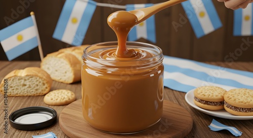 Spoon Pouring Dulce De Leche Into a Jar with Argentine Treats