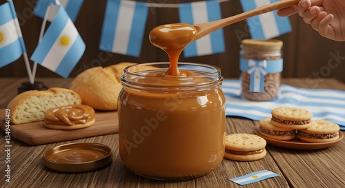 Pouring Dulce De Leche with Alfajores and Argentine Flags Celebration