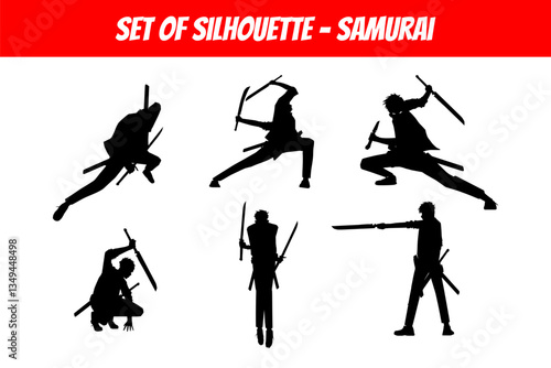 silhouettes of samurai man. samurai boy silhouette illustration. urban samurai silhouette. swordsman silhouette.