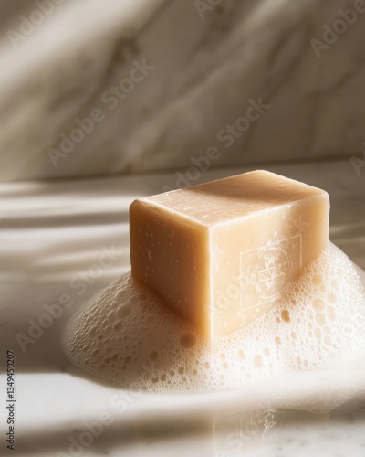 Natural soap bar on marble surface with foamy bubbles in sunlight