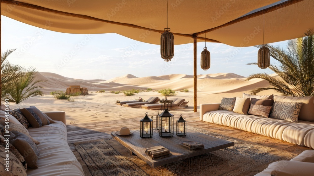Naklejka premium Serene desert oasis with cozy seating and an expansive view of golden dunes.