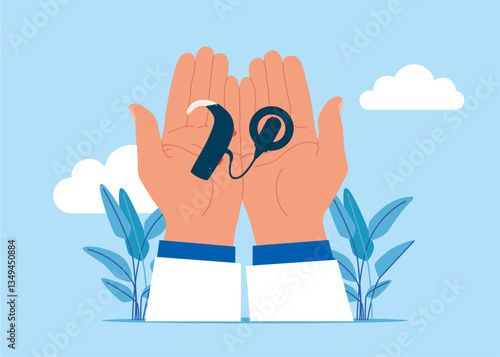 Hands holding cochlear implant. Concept hearing aids, treatment of deafness. Cochlear implant device electrically stimulates nerve. Modern vector illustration in flat style.
