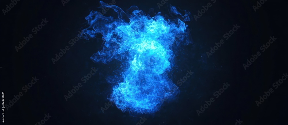 An illuminated bright blue smoke formation floats against the black background An illuminated bright blue smoke formation floats against the black background