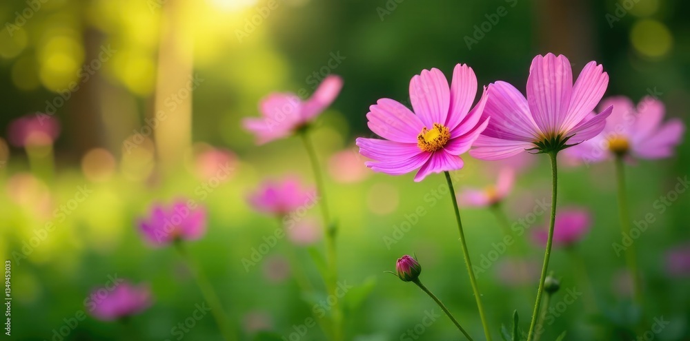 Delicate cosmos flowers in a lush green garden, floral, nature landscape, nature Delicate cosmos flowers in a lush green garden, floral, nature landscape, nature