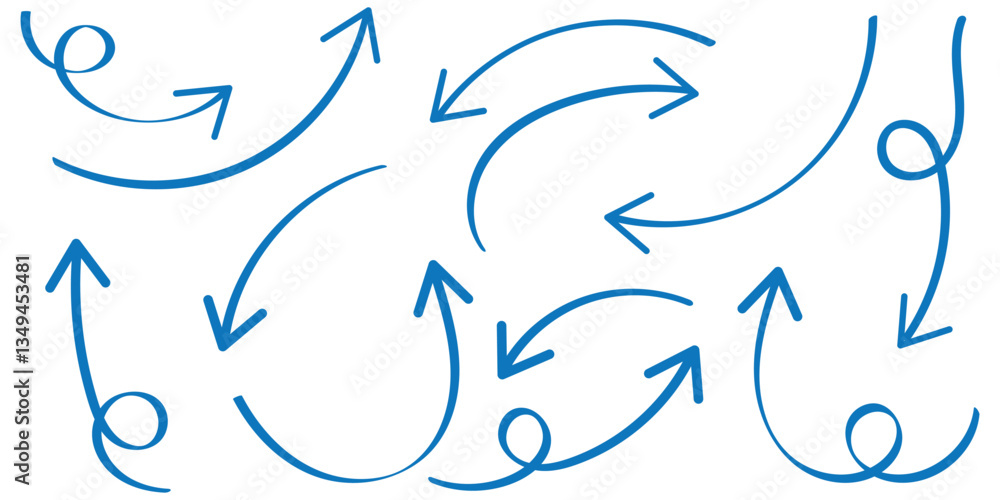 Blue curve arrow direction icon set transparent.