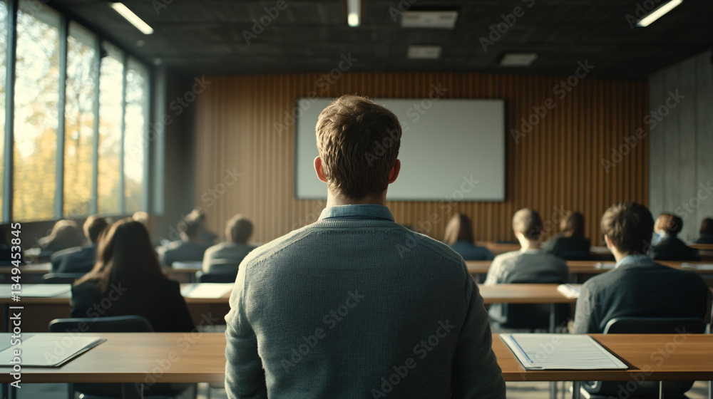 Fototapeta premium Male scholar in a classroom setting explaining the separation of variables to engaged students with visual aids and interactive discussion.