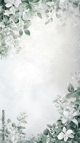 Wedding invitation card template,delicate white flowers and green leaves,copy space.