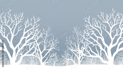 White silhouettes of bare trees are set against a pale blue background