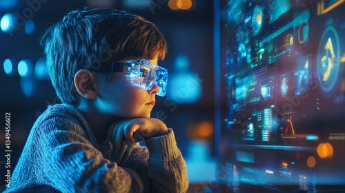 A kid boy learns online using futuristic technology. The concept of the integration of advanced digital tools in education, and learning experiences for the future generation. Generative AI.
