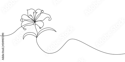 A delicate and artistic one-line drawing of a blooming lily flower with leaves, created in a minimalist black-and-white style on a white background. Lily flower one line icon. Vector illustration