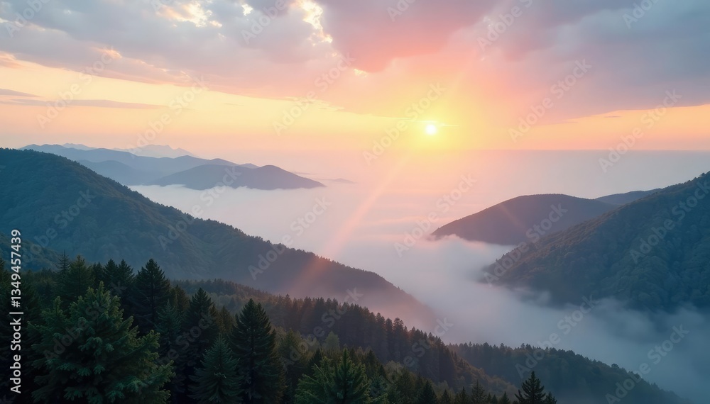 Obraz premium Drifting foggy stratocumulus clouds in valley, foggy, cloudy, hazy