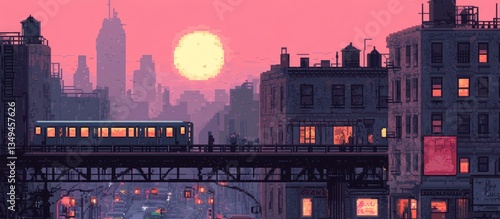 Wallpaper Mural An urban pixelated cityscape features a train at dusk with the sun Torontodigital.ca