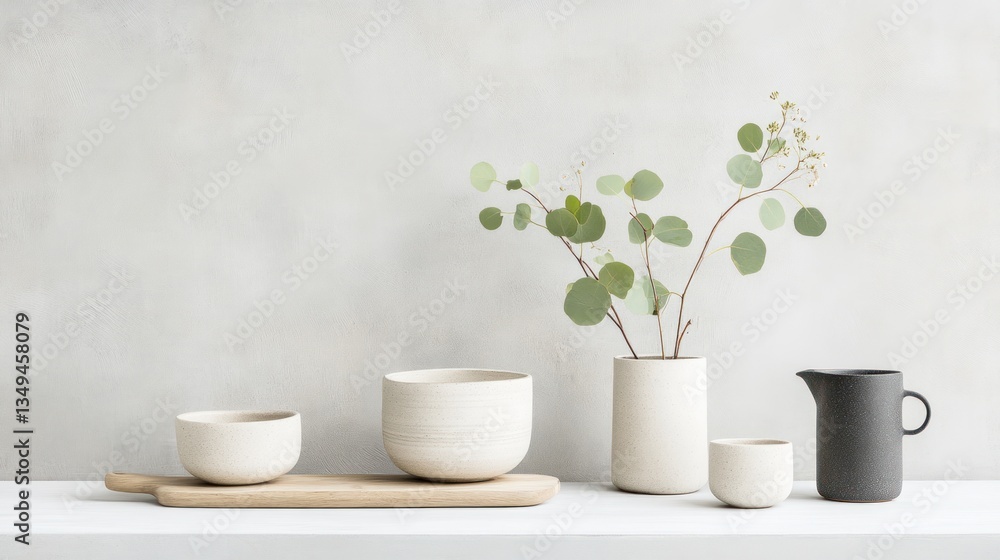 Minimalist home decor ceramic bowls, vase, jug, eucalyptus Minimalist home decor ceramic bowls, vase, jug, eucalyptus