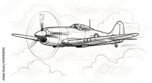 Vintage World War Ii Airplane Flying Through Clouds Illustration Art