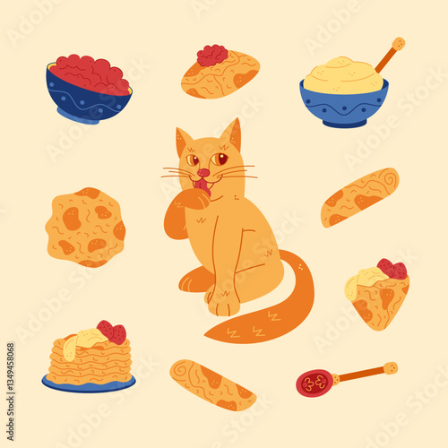 Cute cat and pancakes. Hand drawn illustration for you projects.