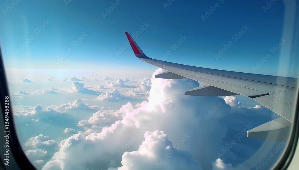 Fototapeta premium Airplane Wing View Over Fluffy Clouds In Blue Sky