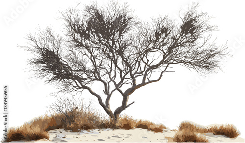 Arid fields vector, savanna illustration, dried tree PNG, transparent background, dry landscape, desert, savannah, wilderness scene, isolated, nature eco design, grasslands.