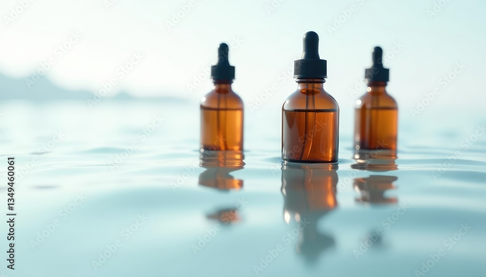 Empty brown bottles float on calm water surface reflections white, empty, clear liquid, reflective surface Empty brown bottles float on calm water surface reflections white, empty, clear liquid, reflective surface