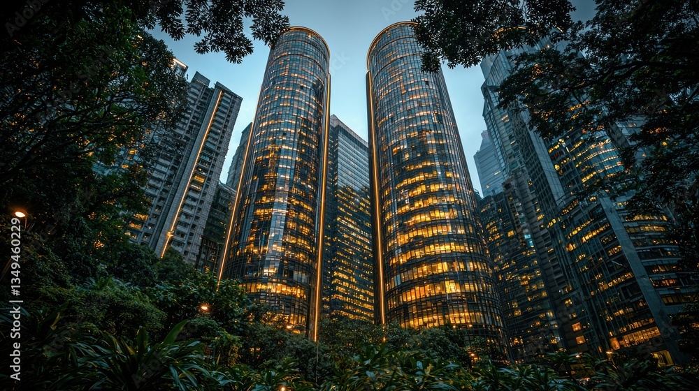 Fototapeta premium Urban jungle skyscrapers illuminated at dusk