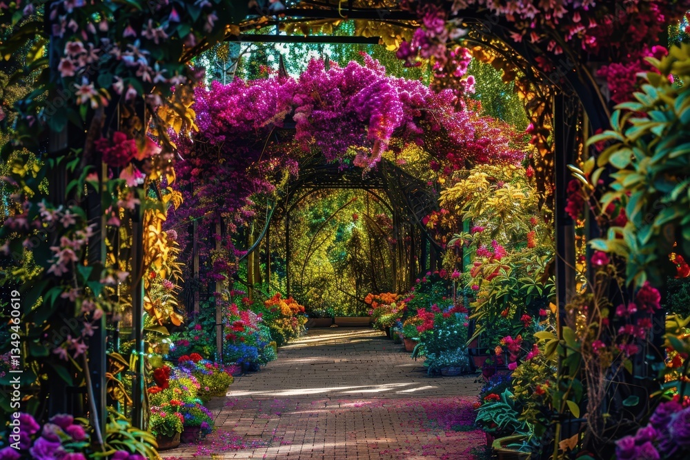 Fototapeta premium Vibrant garden filled with blooming flowers in a lush setting during sunny afternoon