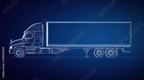 A blueprint depiction of a semi truck and trailer vehicle
