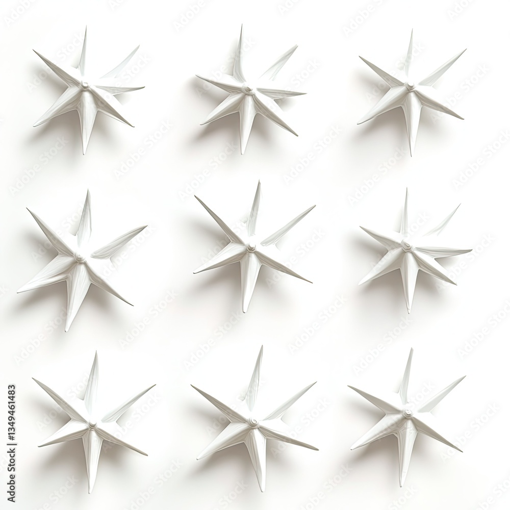 Fototapeta premium Nine White Star Shaped Objects Arranged in a Grid Pattern on White Background