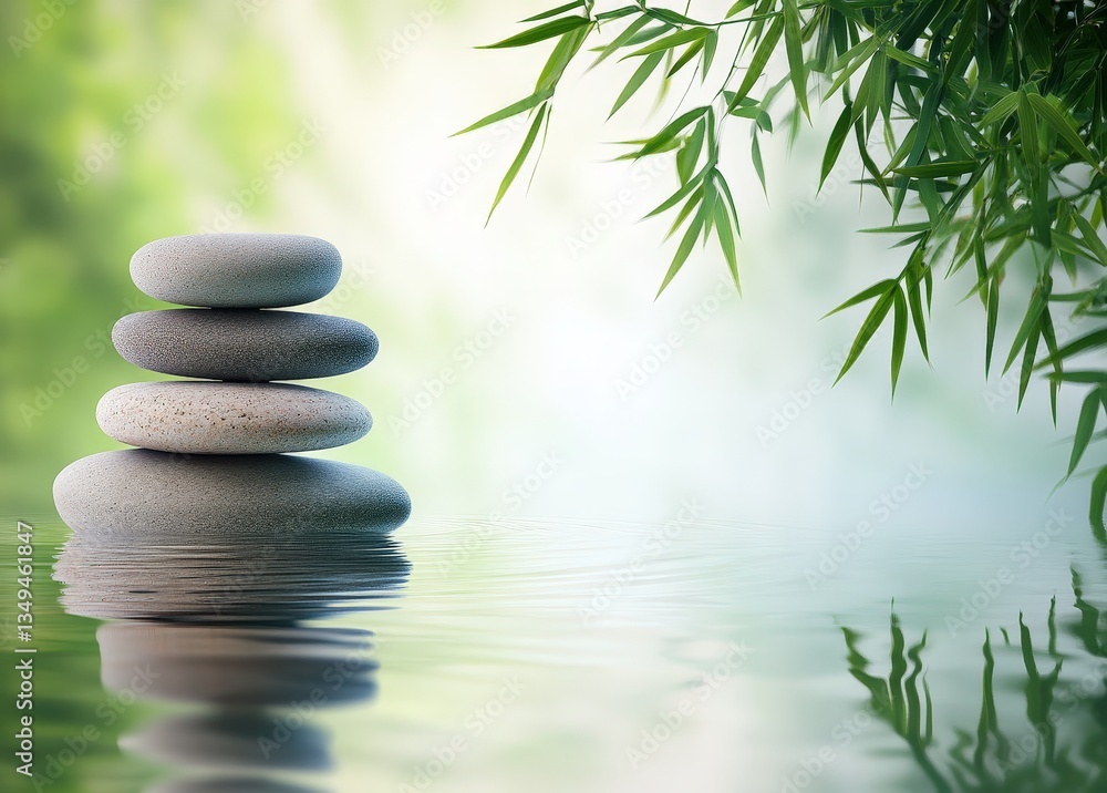 Obraz premium A serene stack of smooth stones rests on water, surrounded by lush greenery, creating a peaceful and tranquil atmosphere.