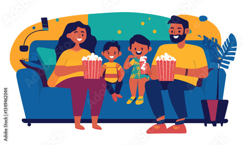 Indian Family Movie Night Vector with Popcorn on Cozy Couch in Minimalist Style
