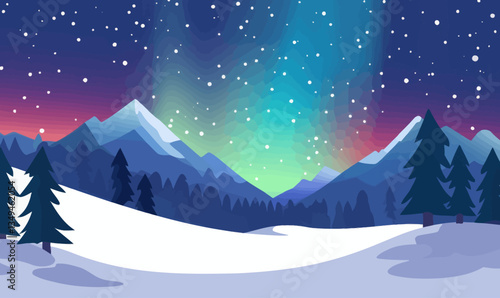 Aurora Borealis Over Snowy Mountains Vector Illustration with Pine Trees