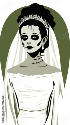 Gothic Frankenstein Bride Vector Illustration with Vintage Horror Aesthetic