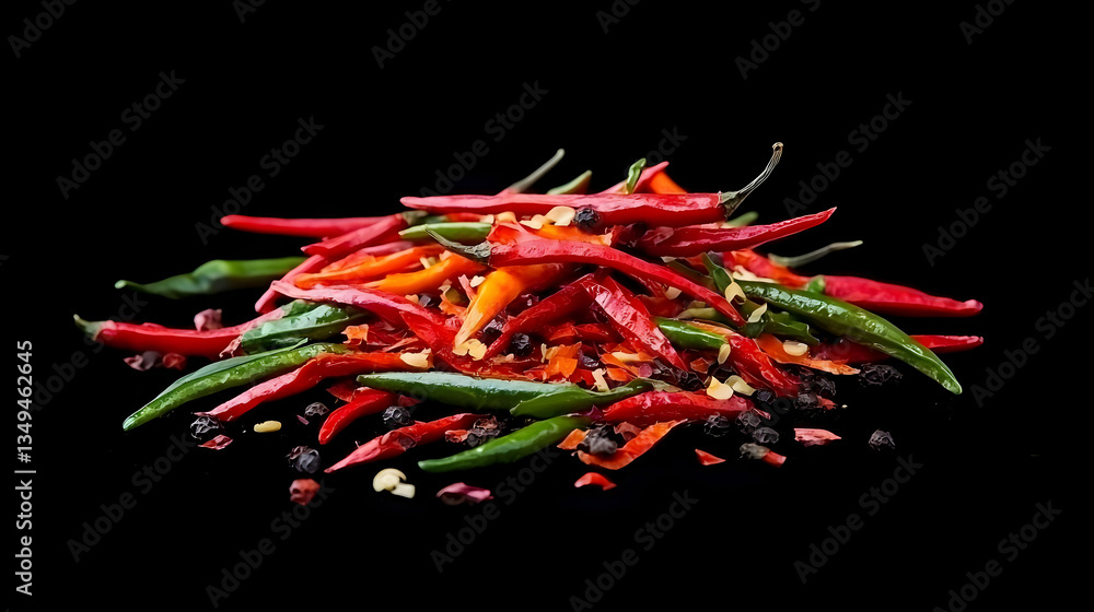 Obraz premium Colorful Pile Of Assorted Chili Peppers On Black Background
