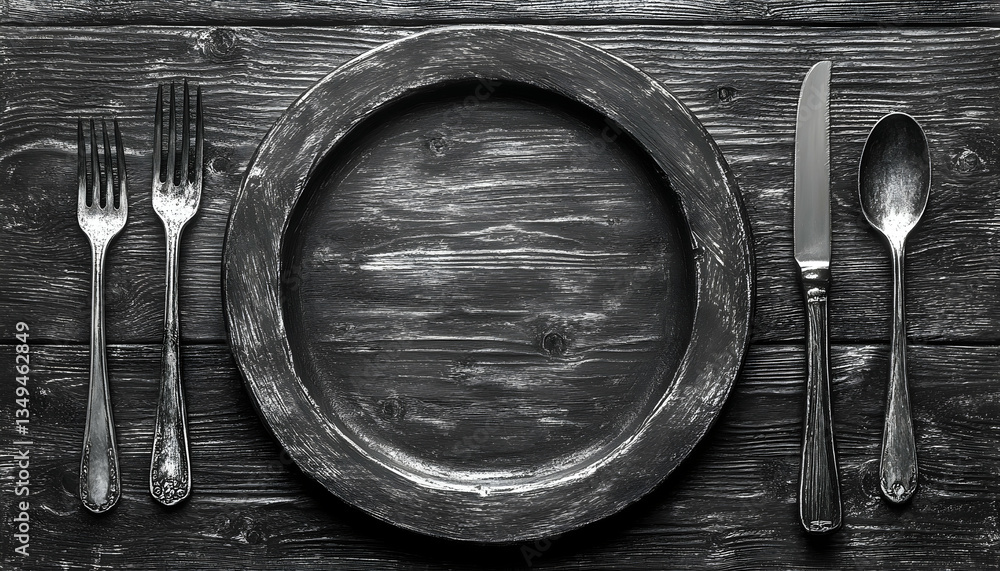 Rustic monochrome tabletop setting. Empty plate, cutlery arranged on dark wood. Overhead view Rustic monochrome tabletop setting. Empty plate, cutlery arranged on dark wood. Overhead view