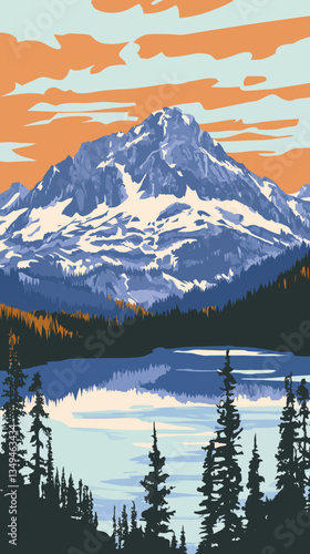 WPA Poster Art of Lila Lake and Hibox Mountain in Cascade Range, Washington Wilderness