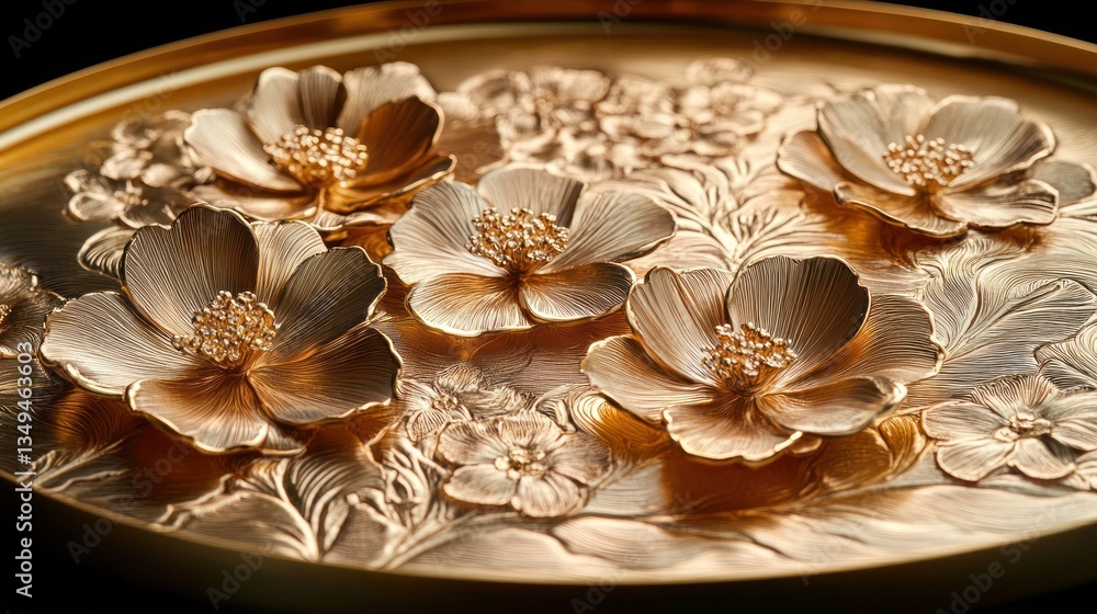 Intricate golden floral design embossed on a circular tray Intricate golden floral design embossed on a circular tray