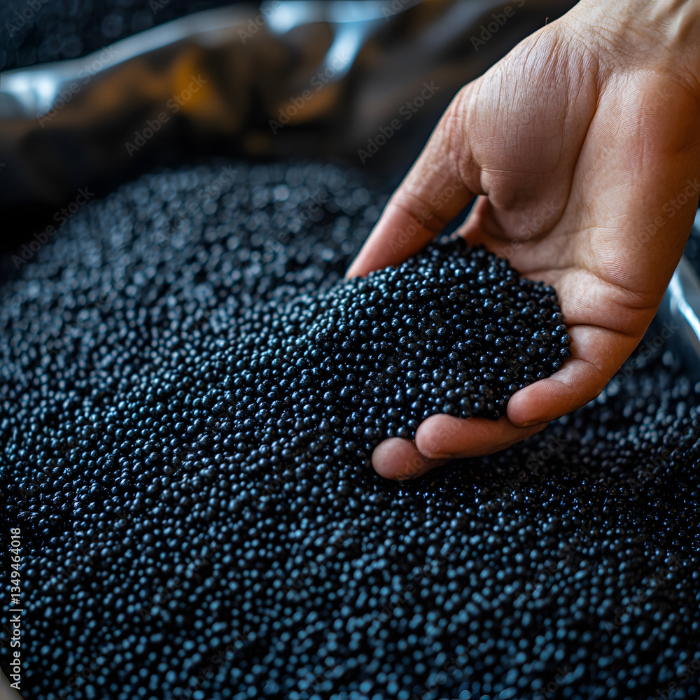 Hand holding black Plastic pellets Background Close-up Plastic granules Polymer plastic beads resin polymer Hand holding black Plastic pellets Background Close-up Plastic granules Polymer plastic beads resin polymer