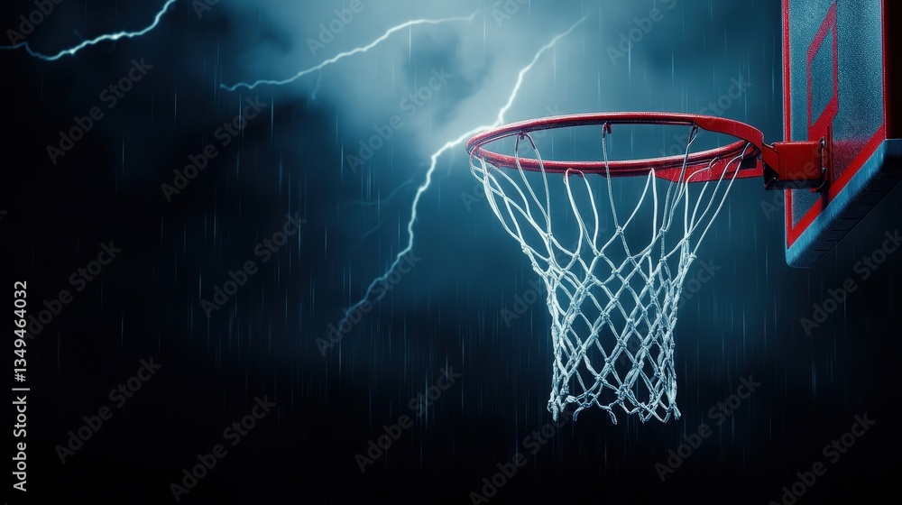 A basketball hoop stands under a dramatic sky filled with lightning and rain, creating an electrifying atmosphere for the sport. A basketball hoop stands under a dramatic sky filled with lightning and rain, creating an electrifying atmosphere for the sport.