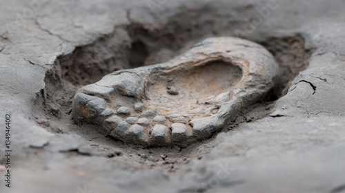 Ancient footprint embedded in earth, showing detail of toes and sole