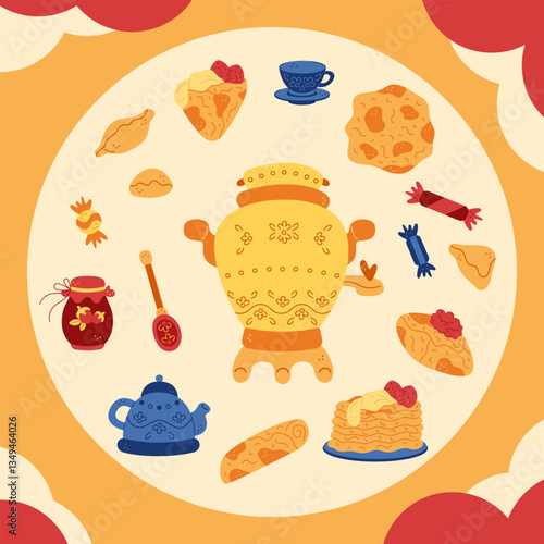 Tea party postcard with samovar. Hand drawn illustration for you projects.